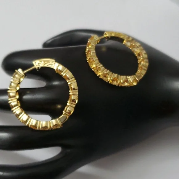 Sterling Silver 925 Citrine Paved Inside Out Gold Hoop Earrings - Picture 5 of 5